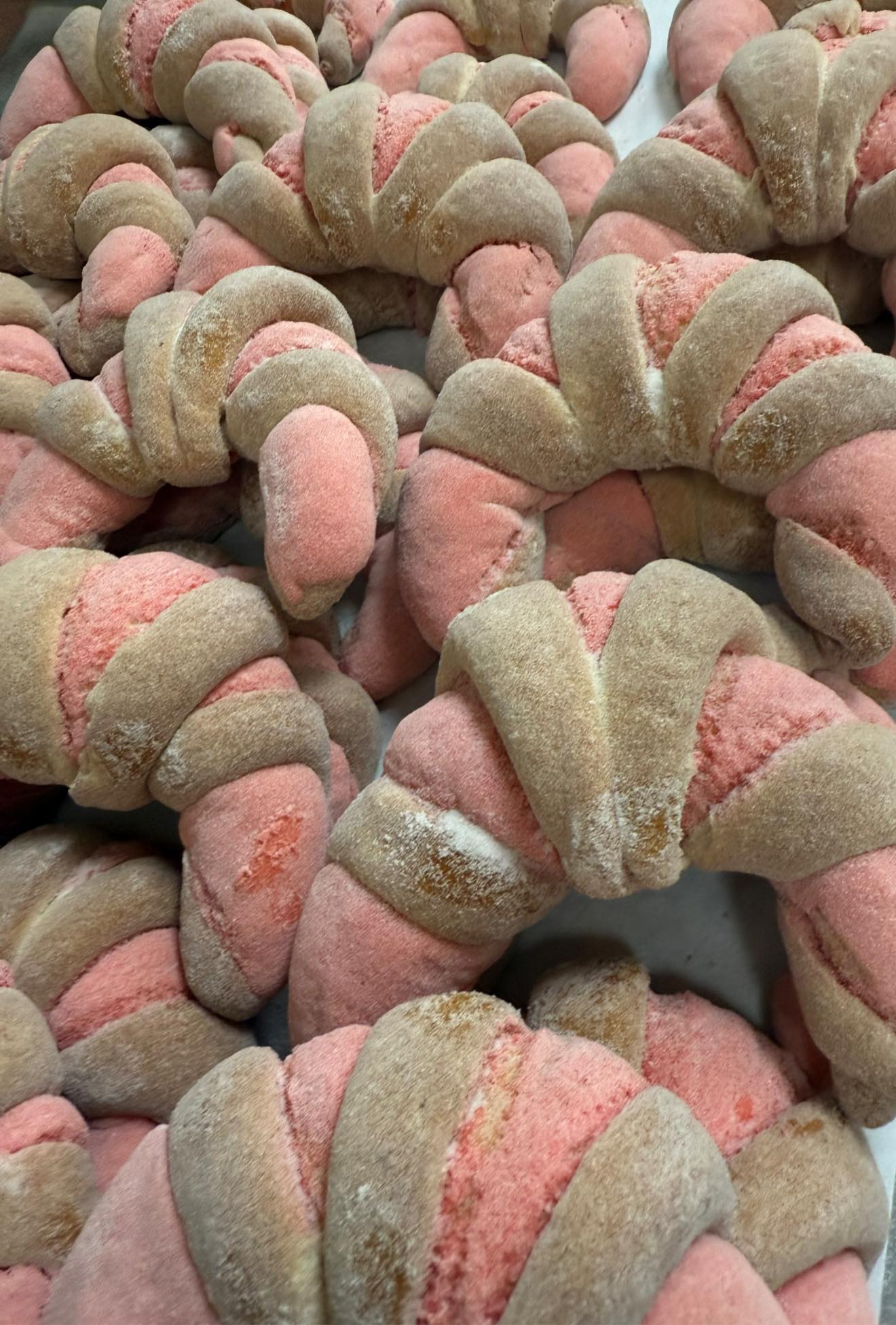 A heap of pink and tan coiled pastries, lightly dusted with sugar, fills the frame.