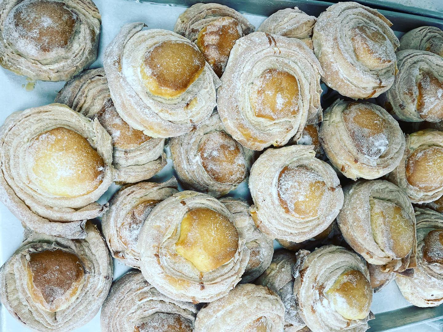 Numerous golden, spiral pastries are generously dusted with powdered sugar.